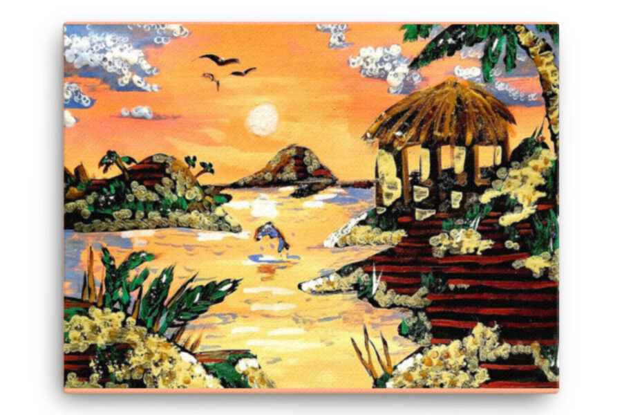 bright orange lagoon with dolphin and hut, sunset