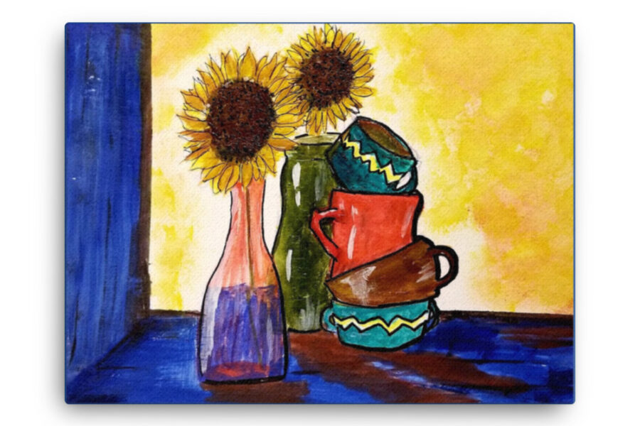 daisies, vases, cups, window, acrylic