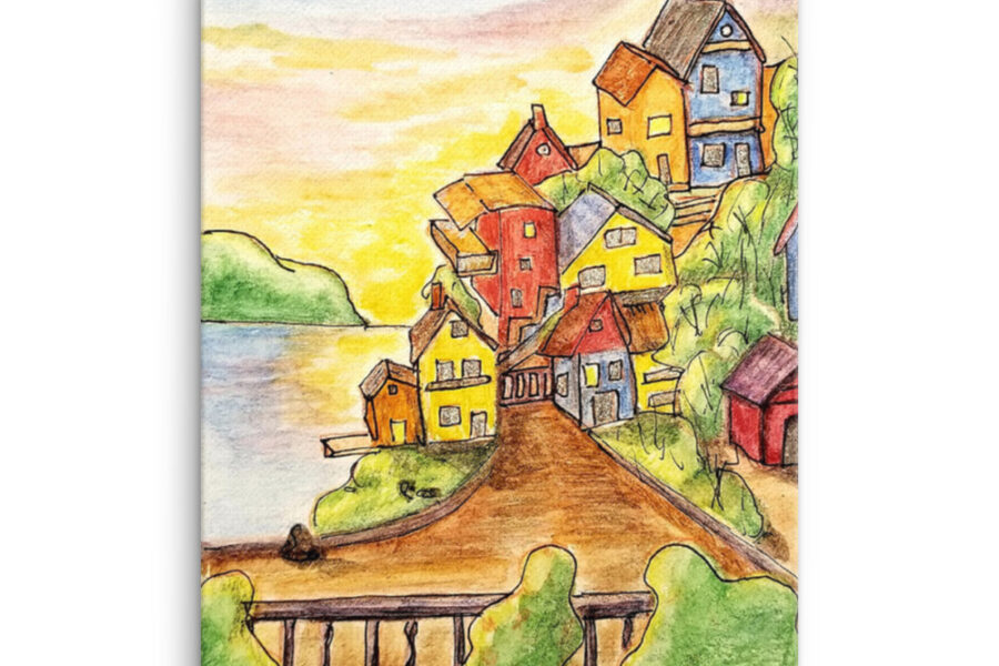 city riverside, town, colorful, watercolor, houses, river
