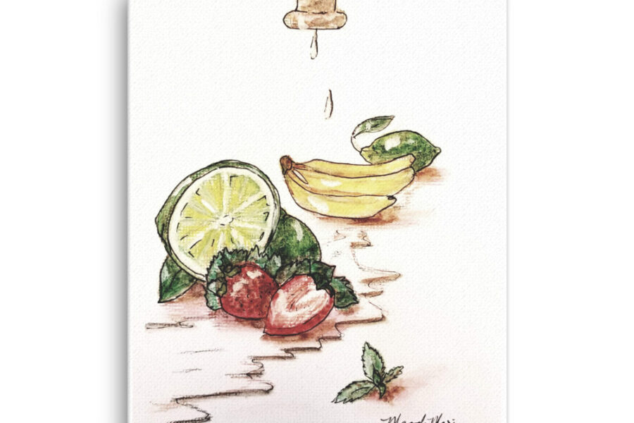 fruit, limes, strawberries, bananas, ink, watercolor, faucet, 