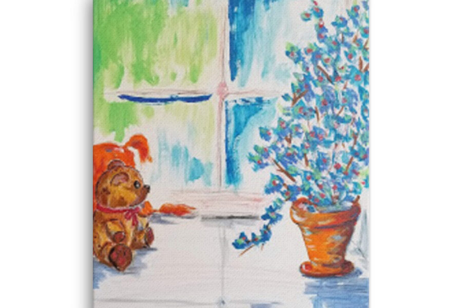 teddy bear in window blue and green 