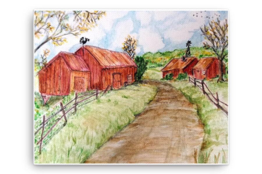 country, barns, road, landscape, watercolor