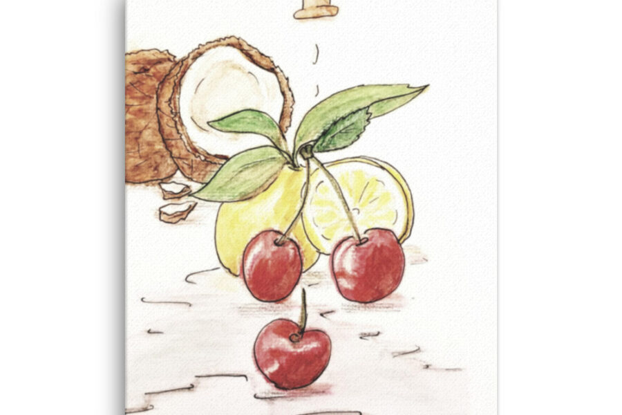 coconuts, lemons, cherry, cherries, fruit, watercolor, ink, canvas