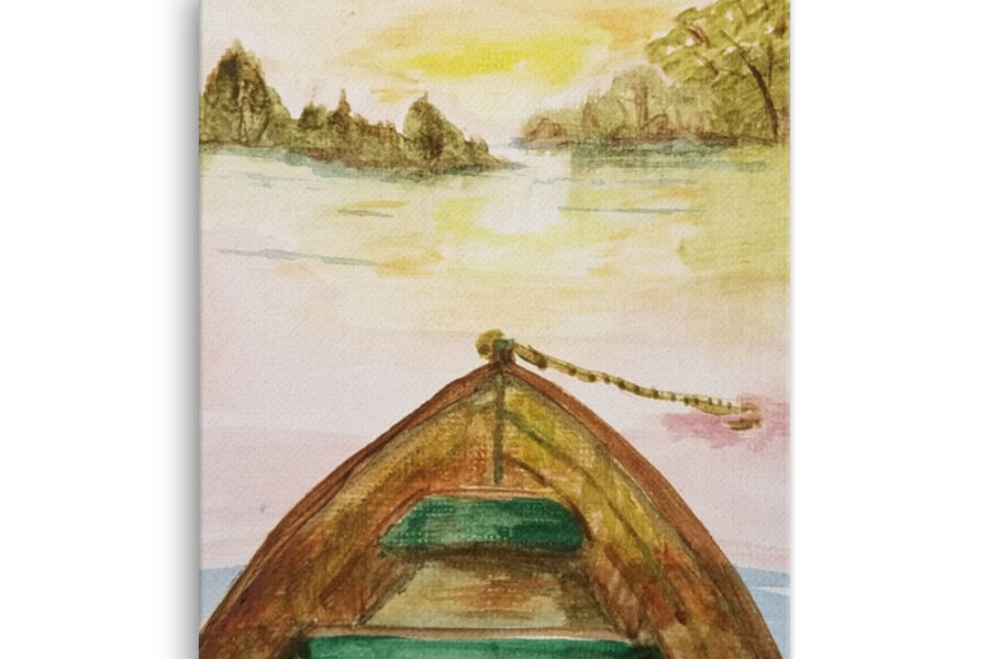 rowboat, lake, row boat, watercolor, sunset