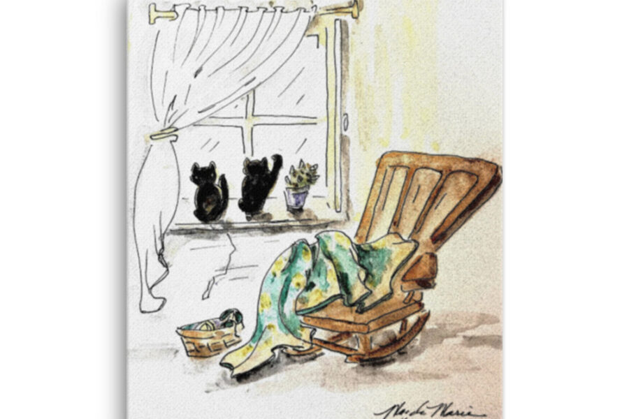 rocking chair, cats, window, ink and watercolor, watercolor
