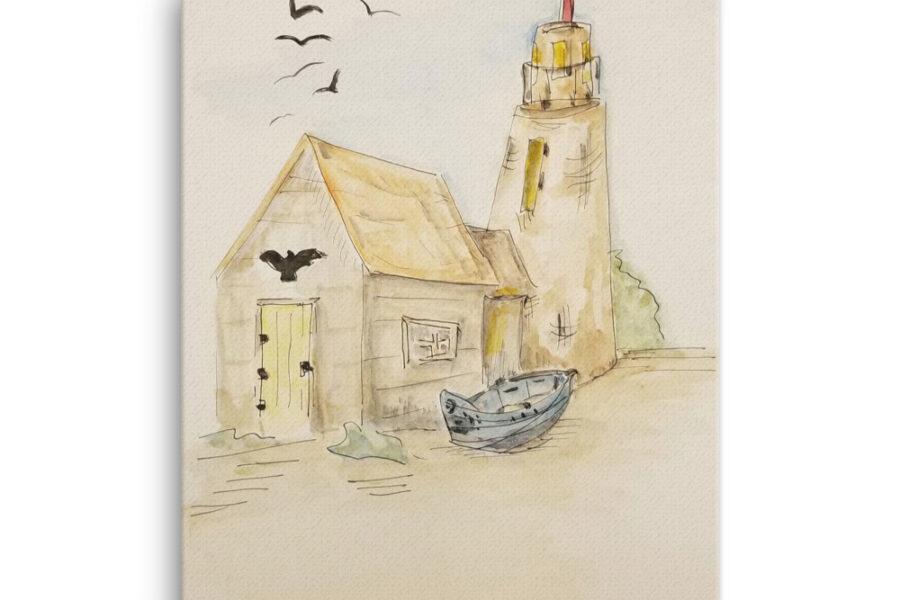 lighthouse boat inak and wataercolor