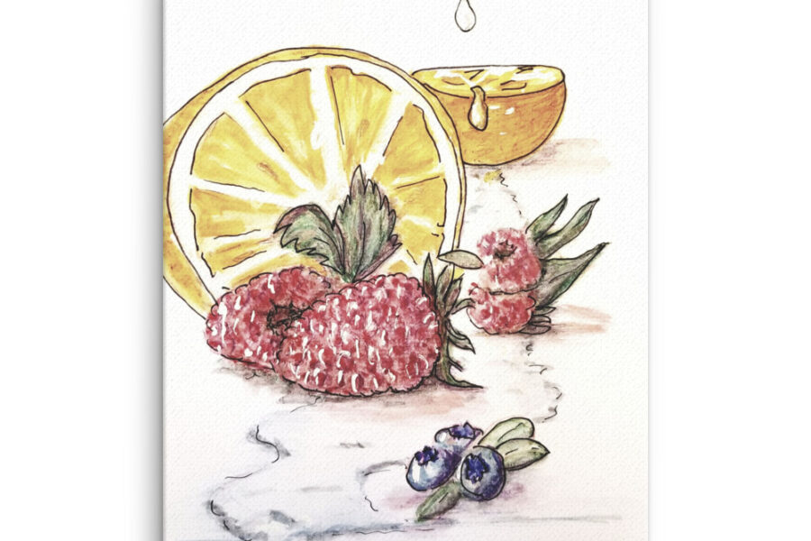 orange, raspberry, blueberry, fruit, watercolor, ink, canvas