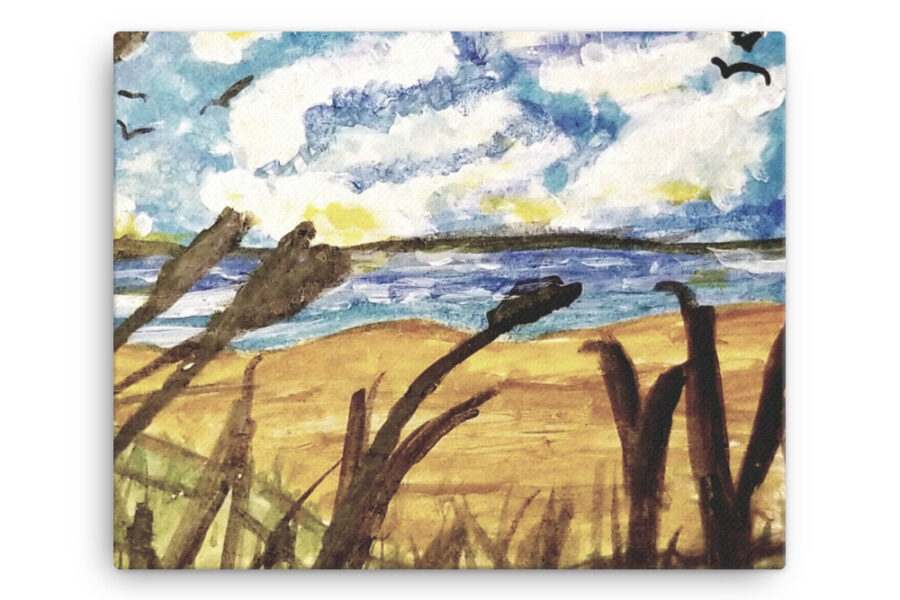 cattails, beach, shore, ocean, sand, acrylic